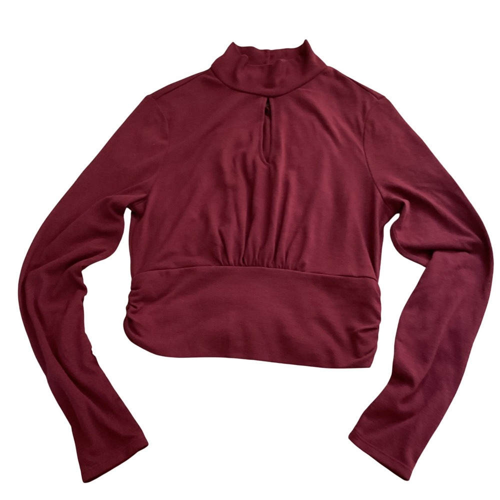 Brea Canyon Claret Mock‎ Neck Keyhole Ruched Crop Top L14K2086 Burgundy Large
